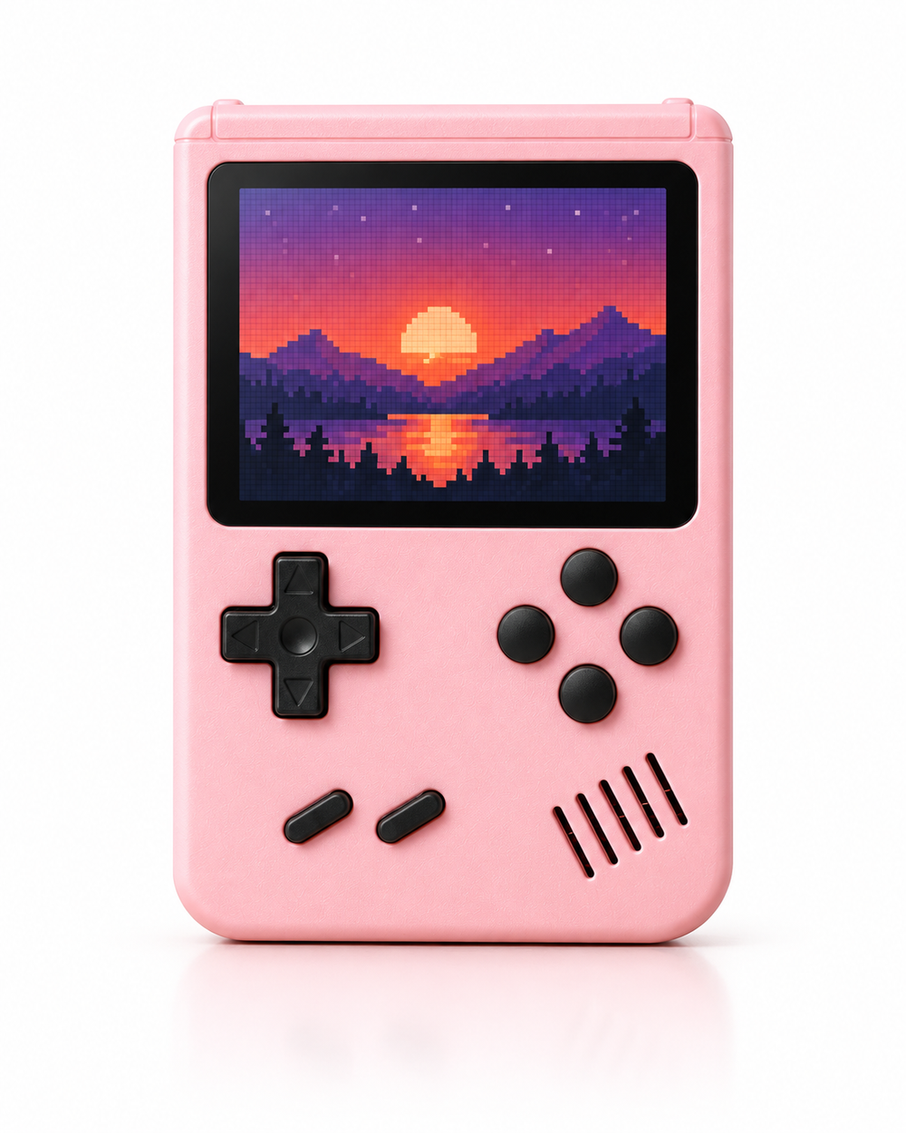 Pink retro handheld game console, front view on white background