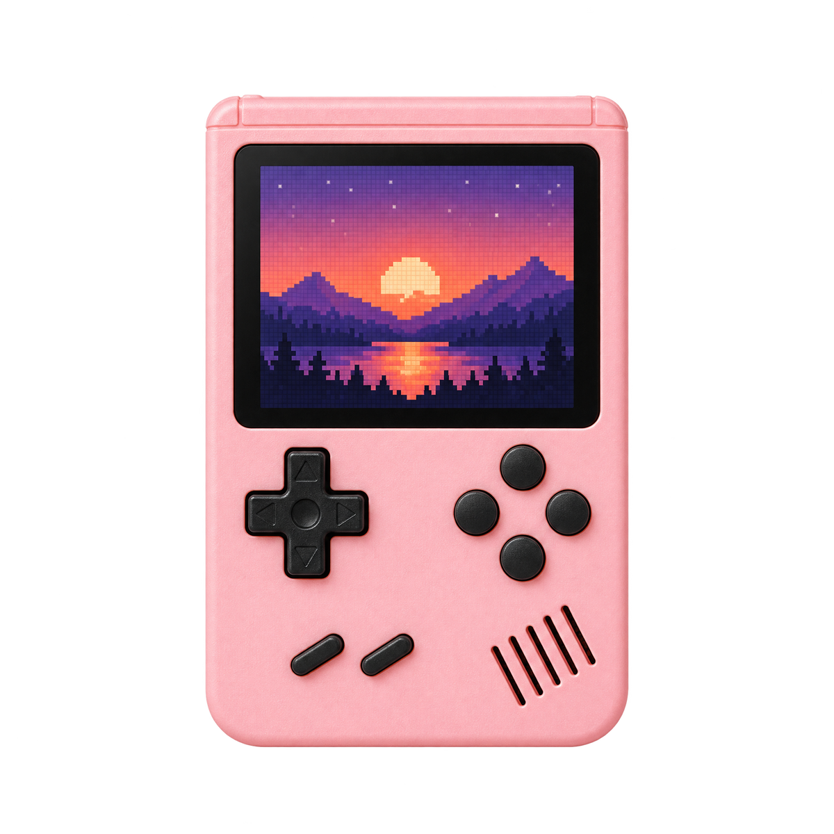 Pink retro handheld game console, front view
