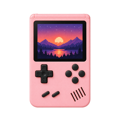 Pink retro handheld game console, front view