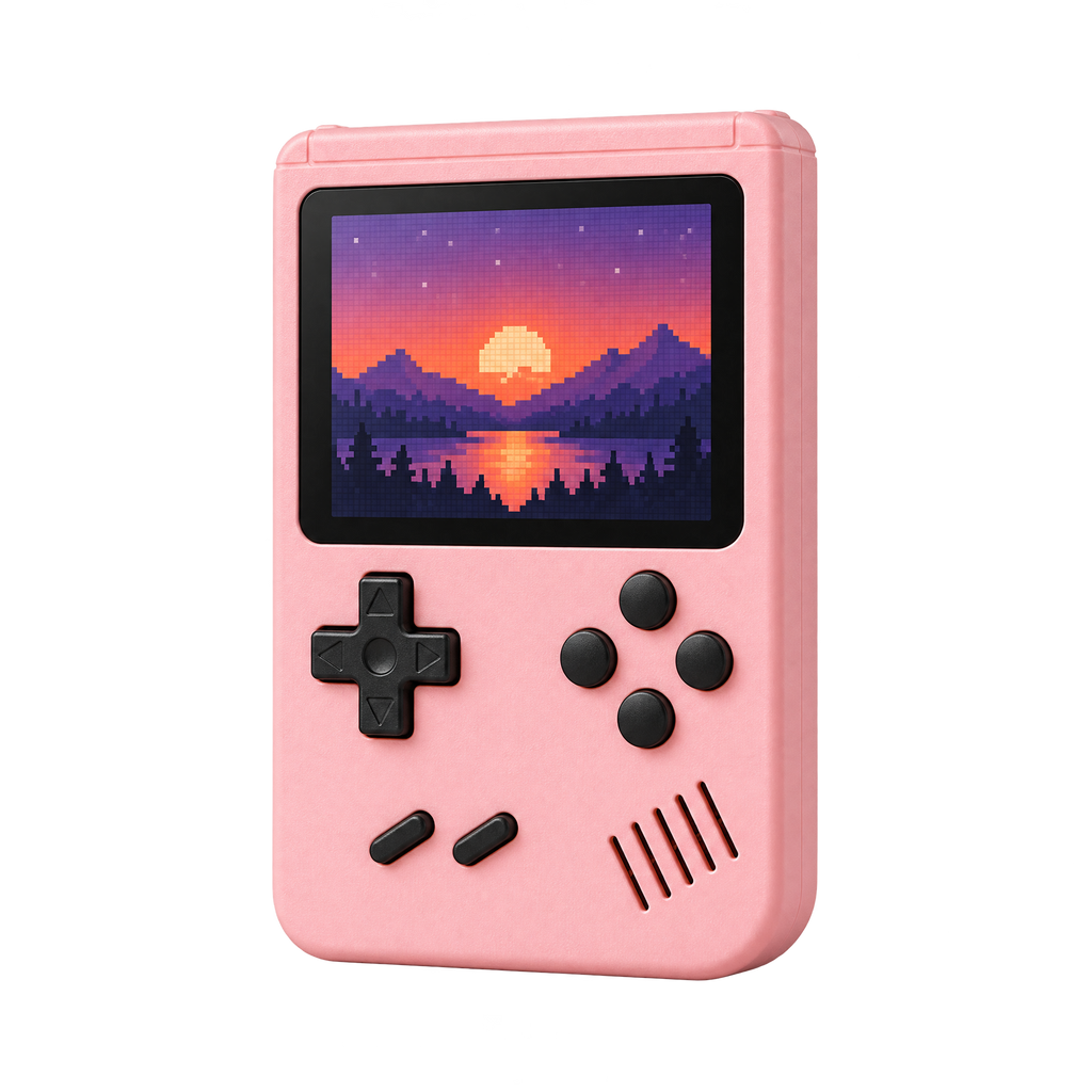 Pink retro handheld game console, 3/4 view