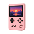 Pink retro handheld game console, 3/4 view