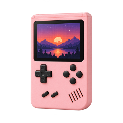 Pink retro handheld game console, 3/4 view