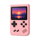 Pink retro handheld game console, 3/4 view
