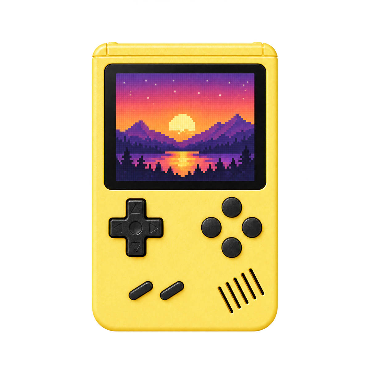 Yellow retro handheld game console, front view
