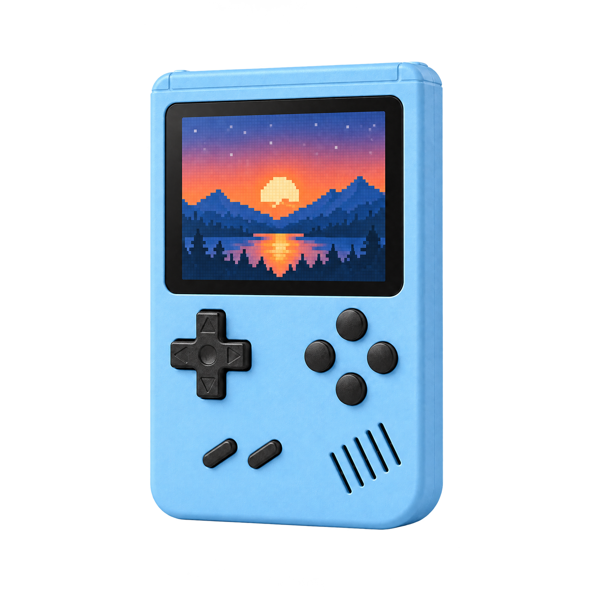 Blue retro handheld game console, 3/4 view
