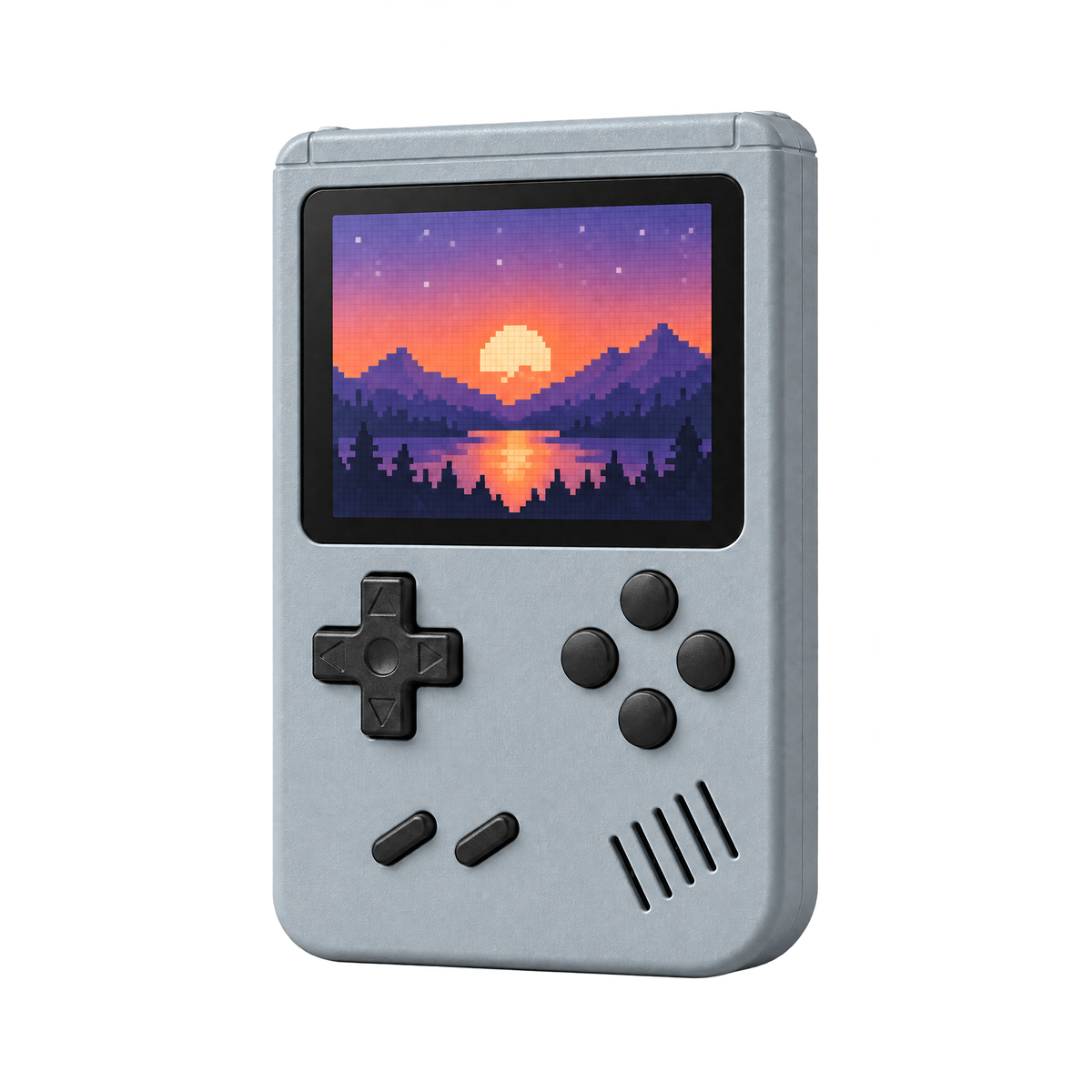 Gray retro handheld game console, 3/4 view