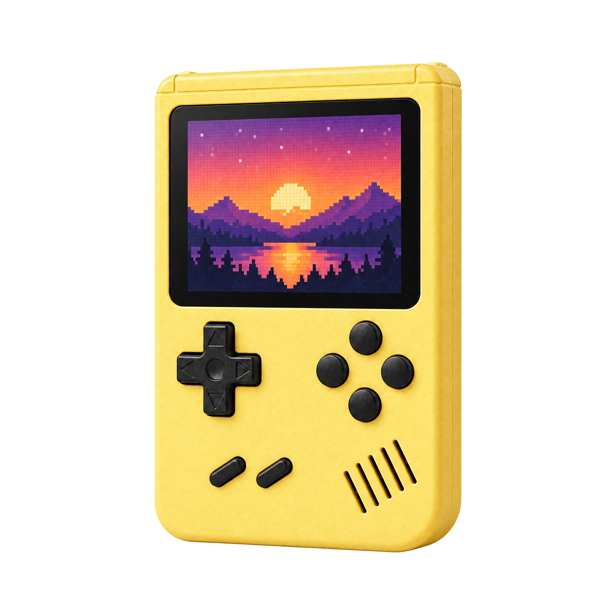 Yellow retro handheld game console, 3/4 view
