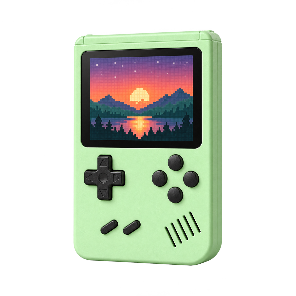 Green retro handheld game console, 3/4 view