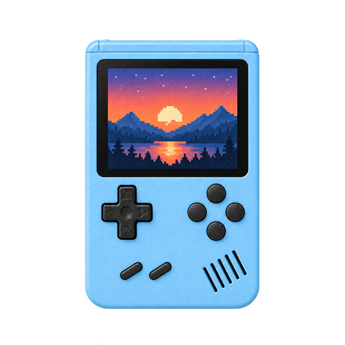 Blue retro handheld game console, front view