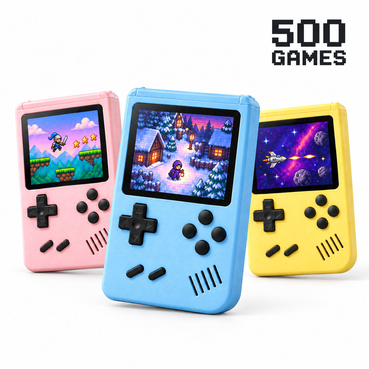 All colors, 500 games showcase, three retro handheld consoles
